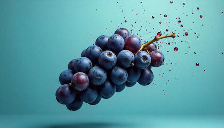 Vibrant grapes bunch suspended against turquoise background, red dropsの写真素材