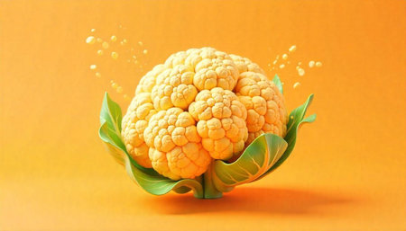 Vibrant cauliflower with water droplets on orange backgroundの写真素材