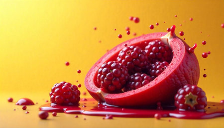 Pomegranate fruit cut open with juice drops on yellow backgroundの写真素材