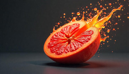 Vibrant grapefruit half with juice splash on dark background