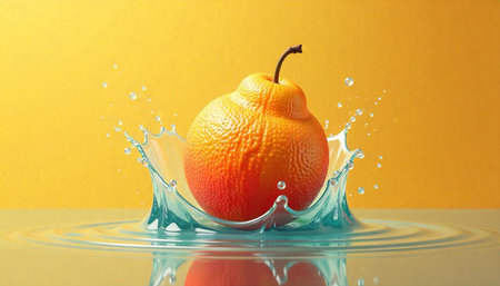 Vibrant pear with splashing water against a bright background
