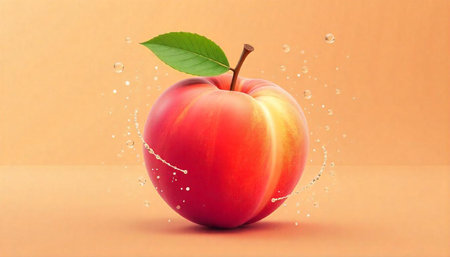 Fresh Red Peach with Water Droplets on Peach Background