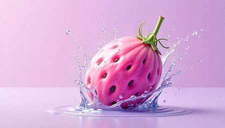 Abstract Pink Strawberry with Water Splash in Pastel Settingの写真素材