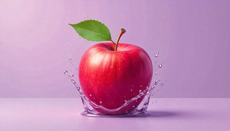 Fresh red apple with water splash against pastel background