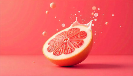 Sliced grapefruit with juice on pink backdrop close-upの写真素材