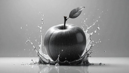 Monochromatic apple with a dynamic water splash effectの写真素材