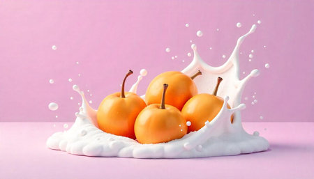 Four pears in splashing milk on pink background