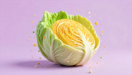 Vibrant half cabbage composition on pastel purple backdrop