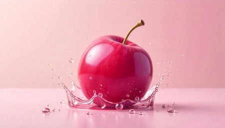 Vibrant red apple with water splash on pink background
