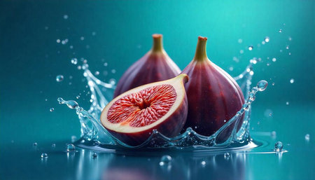 Ripe figs surrounded by splashing water on turquoise background
