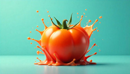 Vibrant tomato splashing juice against a blue background