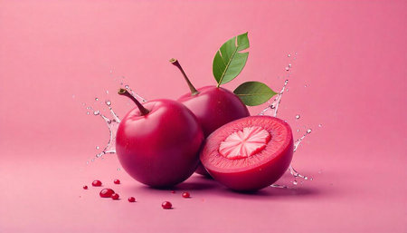 Fresh plums with water splashes on a pink background