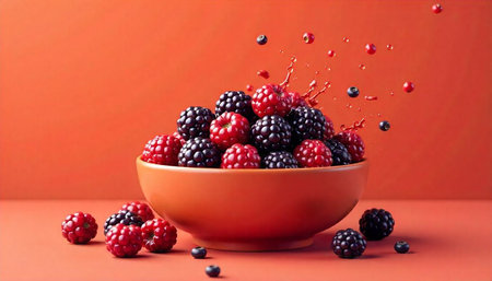Vibrant bowl of raspberries and blackberries against orange backdrop
