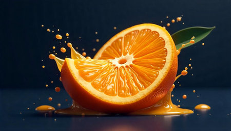 Juicy orange slice with splash on dark background
