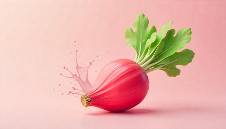 A radish with green leaves and pink liquid splash