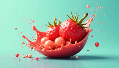 Vibrant strawberries in a splash of sweet strawberry juice