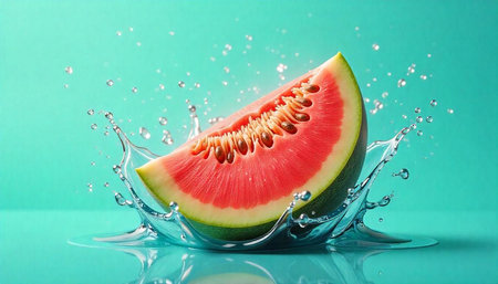 Watermelon slice freshness with splashing water against aqua background
