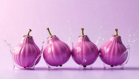 Row of Purple Eggplants with Water Splash on Light Purple