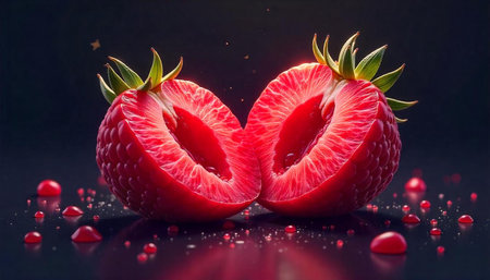 Halved strawberry fruit on a dark, reflective surface