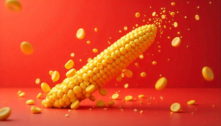 Vibrant corn on the cob with kernels exploding outwards
