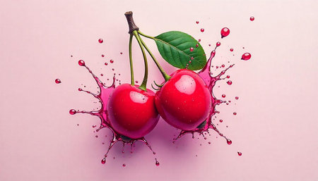Fresh cherries with juice splash on a soft pink background