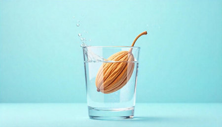 Almond dropping into glass of water in blue background