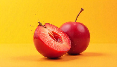 Fresh plums cut in half on a yellow backgroundの写真素材