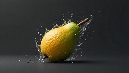 Fresh pear with water splash on dark background still life