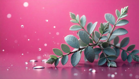 Branch with leaves on pink background with water droplets