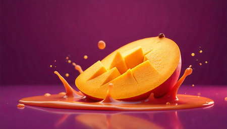 Vibrant Mango Slices with Juice Splash on Purple Surfaceの写真素材