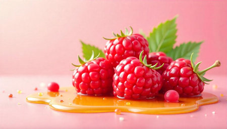 Vibrant raspberries arranged on honey, pink background, clean style
