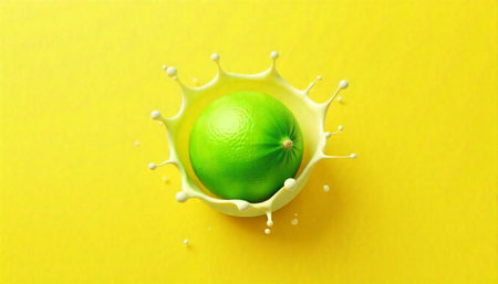 Fresh lime exploding in milk on yellow background