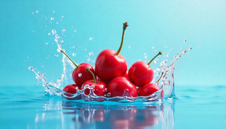 Fresh cherries splashing into water against a blue background