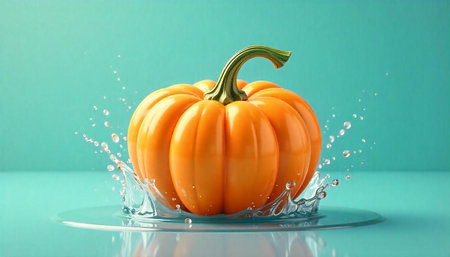 Vibrant Orange Pumpkin with Water Splashes on Teal Background