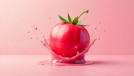 Bright tomato with splash on light pink background imageの写真素材