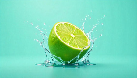 Fresh lime splash on a vibrant aqua background
