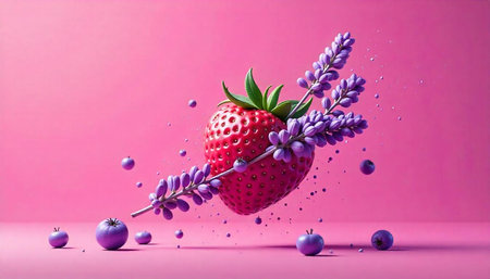 Strawberry with Lavender flowers and decorative purple blueberries