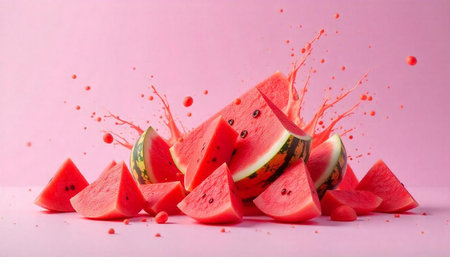Fresh watermelon slices with splashes on pink background
