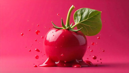 Glossy tomato with dripping sauce on a vibrant background