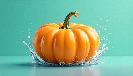 Vibrant orange pumpkin with water splashes against teal background