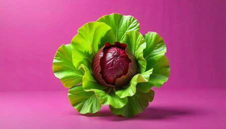 Radicchio surrounded by lettuce on a pink background