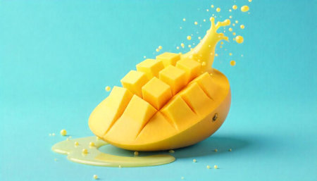 Sliced mango with juice splash on a blue backgroundの写真素材
