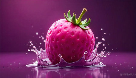 Vibrant strawberry splashing in liquid, purple hues and droplets