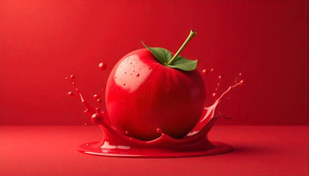 Vibrant red apple splashing into a pool of colorの写真素材