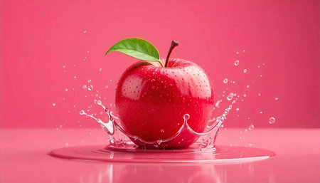 Vibrant red apple with water splash on pink background