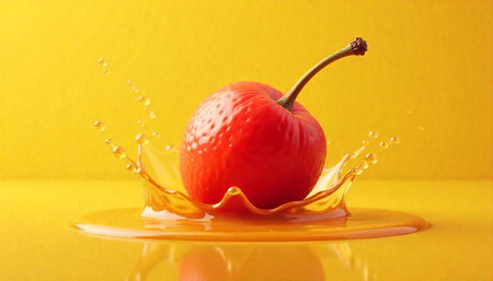 Juicy red apple splashing in honey against yellow backgroundの写真素材