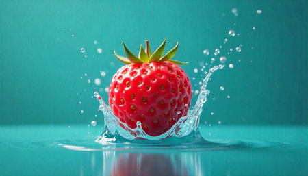 Strawberry Splash: A vibrant fruit in refreshing waterの写真素材