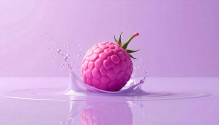 Raspberry drops into pastel liquid creating splash ripple effect