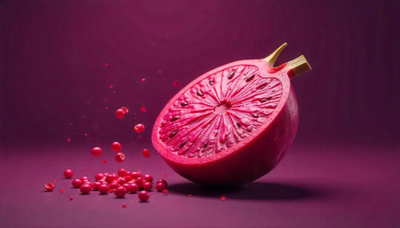 Vibrant pink half fruit with seeds and droplets background