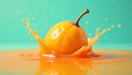 Vibrant orange fruit splashing in juice against teal background